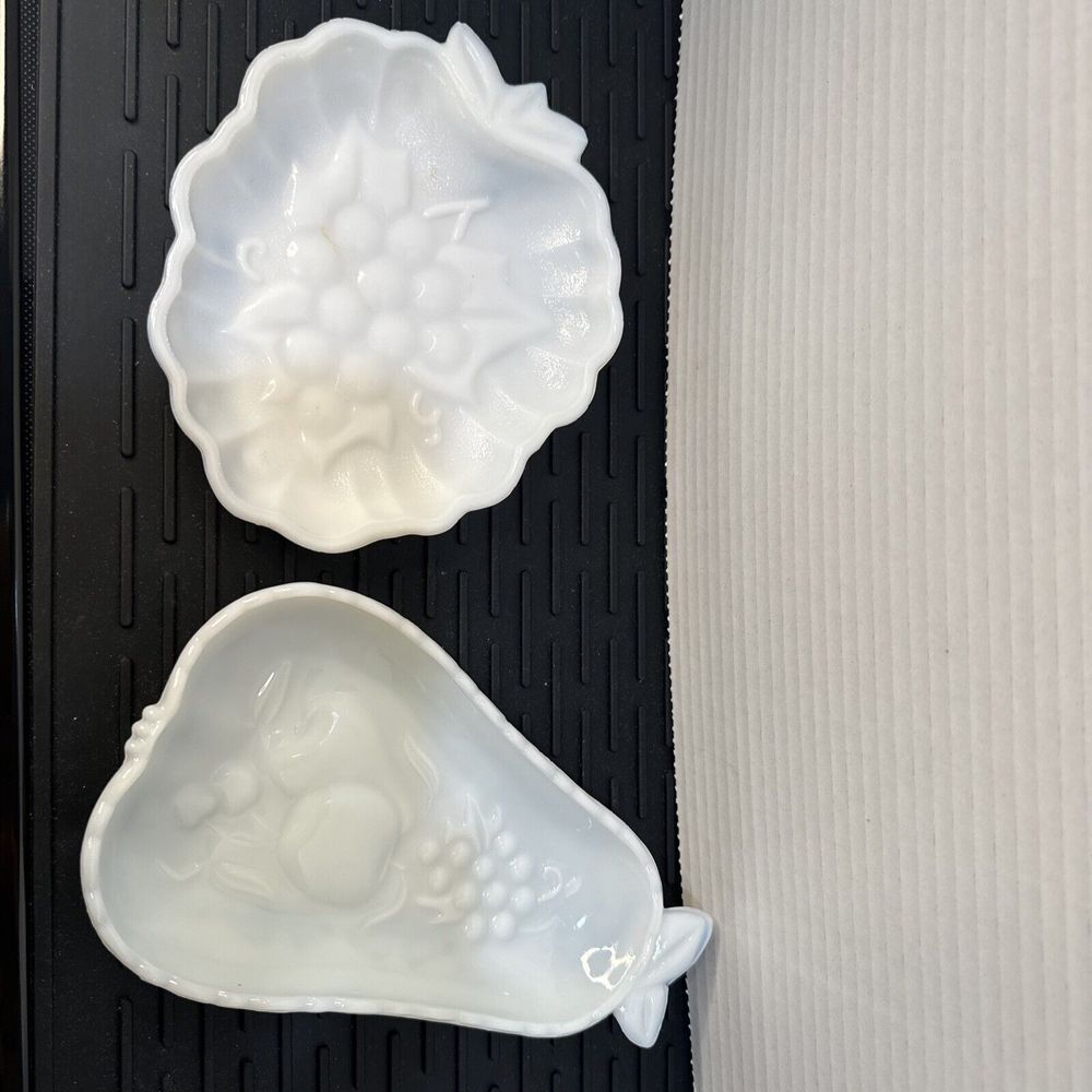 Vintage Hazel Atlas‎ Milk Glass Candy Dishes Pear & Grapes, Set of 2